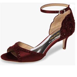 XYD Wine Red Peep Toe D'Orsay Kitten Heel Rhinestone Studs Ankle Strap Sandals